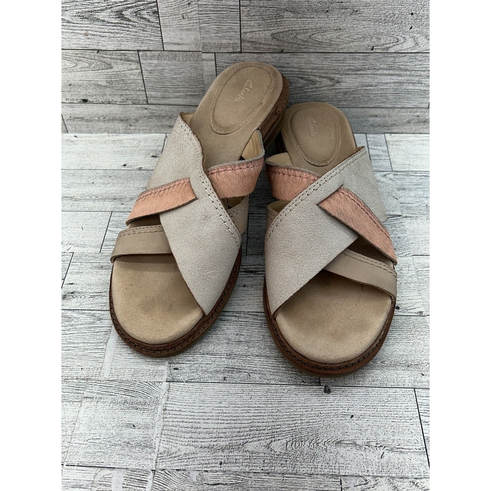 Clarks Shoes Womens Size 9 Slip On Sandals Comfort Leather‎ Cross Strap